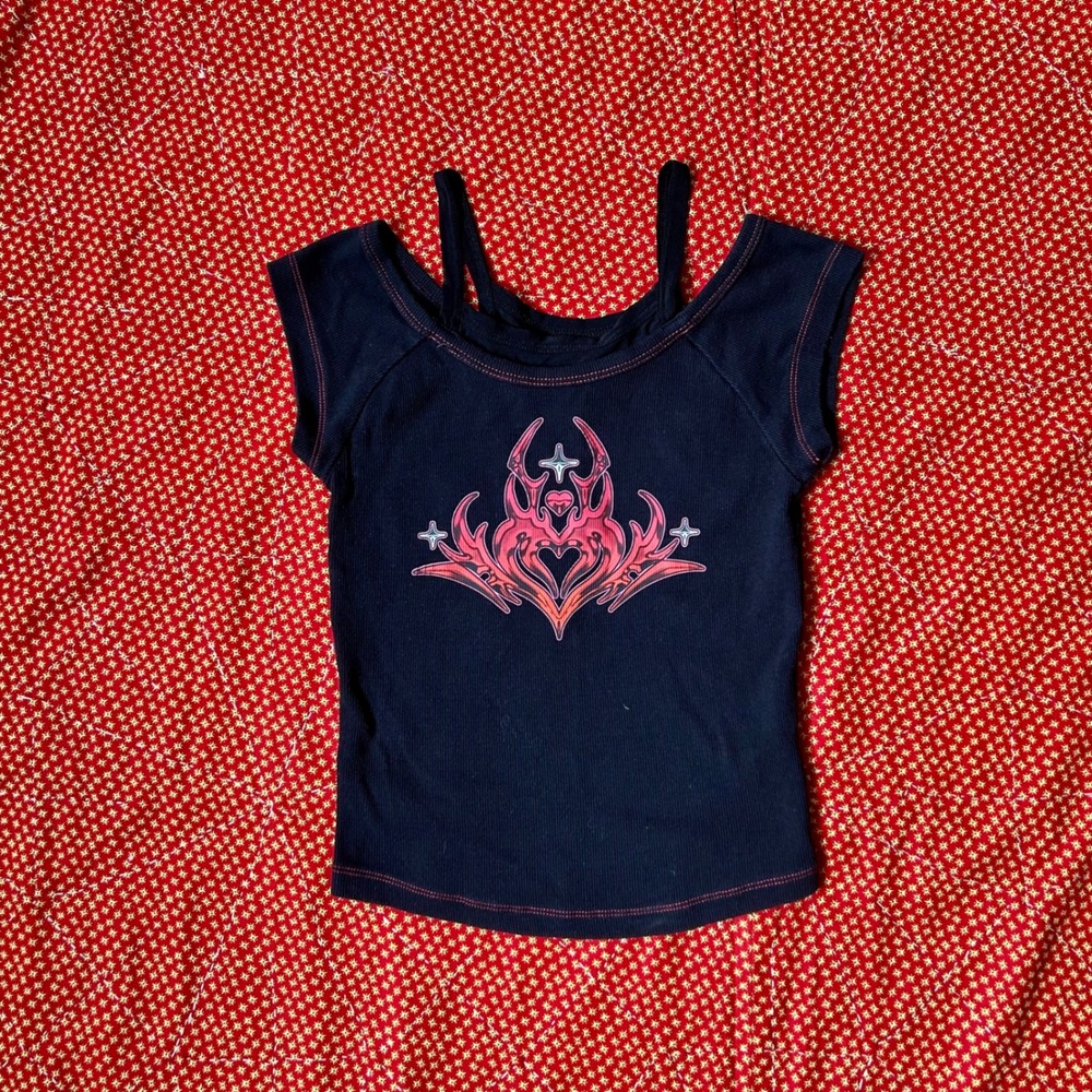 Vintage 2000s Vitriol Black Ribbed Graphic baby tee Small Y2K Cyber Heart